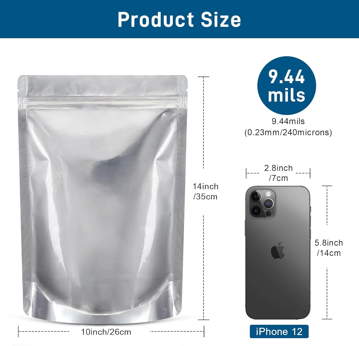 50 Packs 1 Gallon Mylar Bags for Food Storage with Clear Window,Reusable Mylar Bags with Oxygen Absorber for Grains, Wheat, Rice, Legumes, Meat Long Term Food Storage (9.44 mils,14 * 10 Inch)