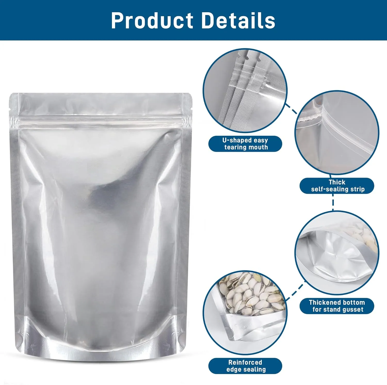 50 Packs 1 Gallon Mylar Bags for Food Storage with Clear Window,Reusable Mylar Bags with Oxygen Absorber for Grains, Wheat, Rice, Legumes, Meat Long Term Food Storage (9.44 mils,14 * 10 Inch)