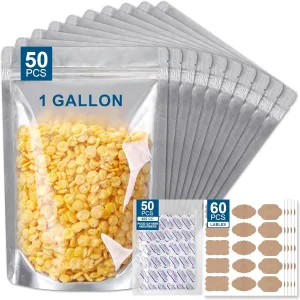 50 Packs 1 Gallon Mylar Bags for Food Storage with Clear Window,Reusable Mylar Bags with Oxygen Absorber for Grains, Wheat, Rice, Legumes, Meat Long Term Food Storage (9.44 mils,14 * 10 Inch)