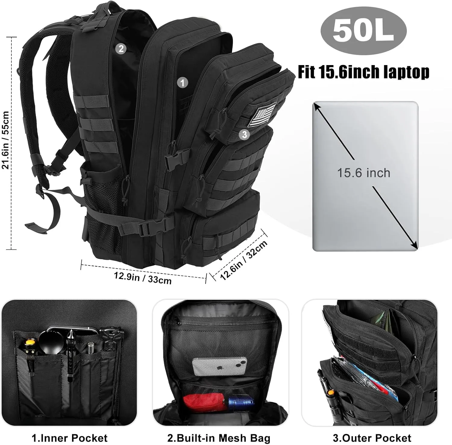 50L Military Tactical Backpack Large Day Backpack for Men Molle Army 3 Days Assault Pack Bug Out Bag Water Resistant and Heavy Duty Hiking Treeking Rucksack - Black