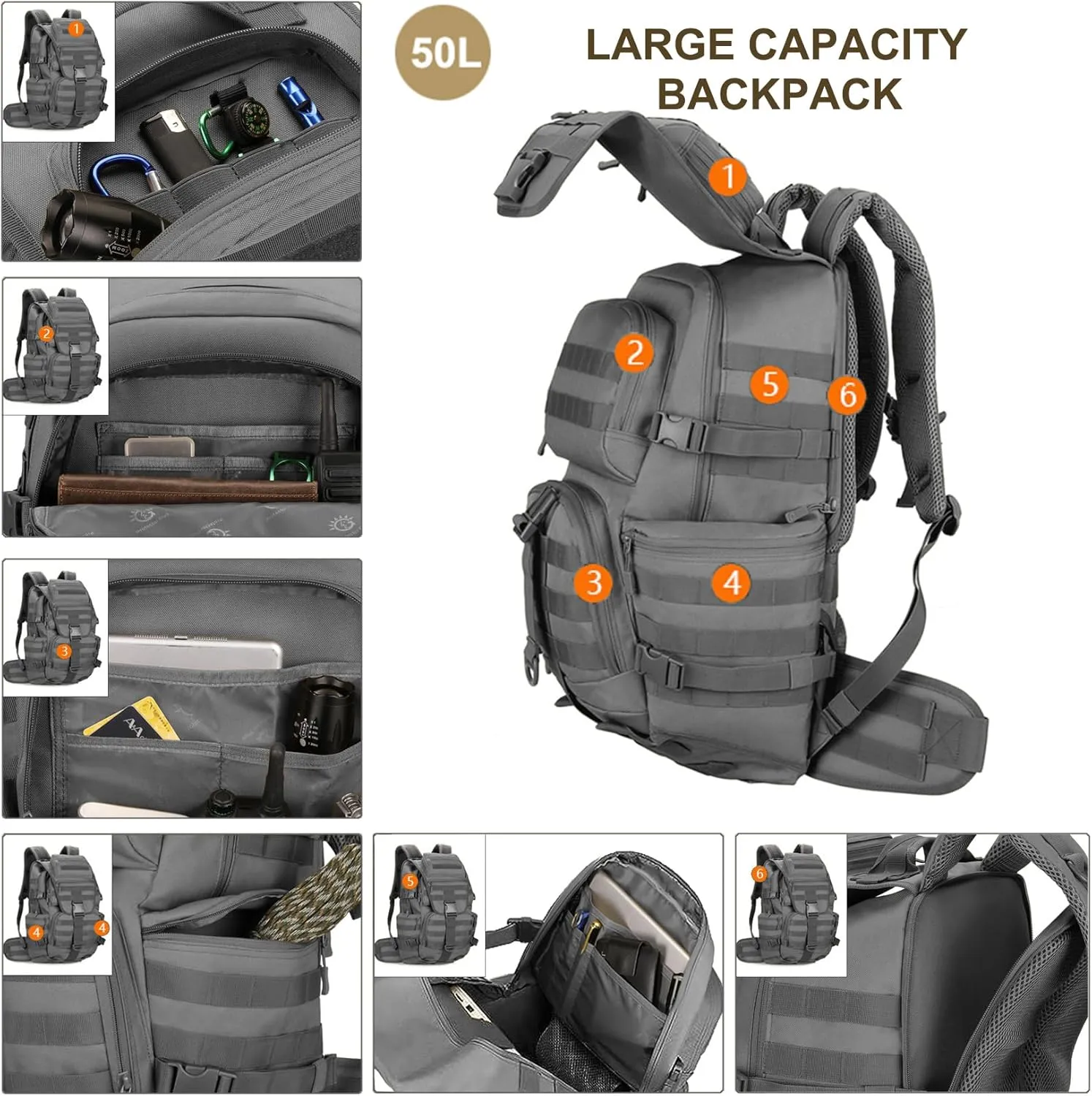 50L Military Tactical Backpack Molle Rucksack Large Army 3 Day Assault Pack Heavy Duty Backpack for Men (Grey)