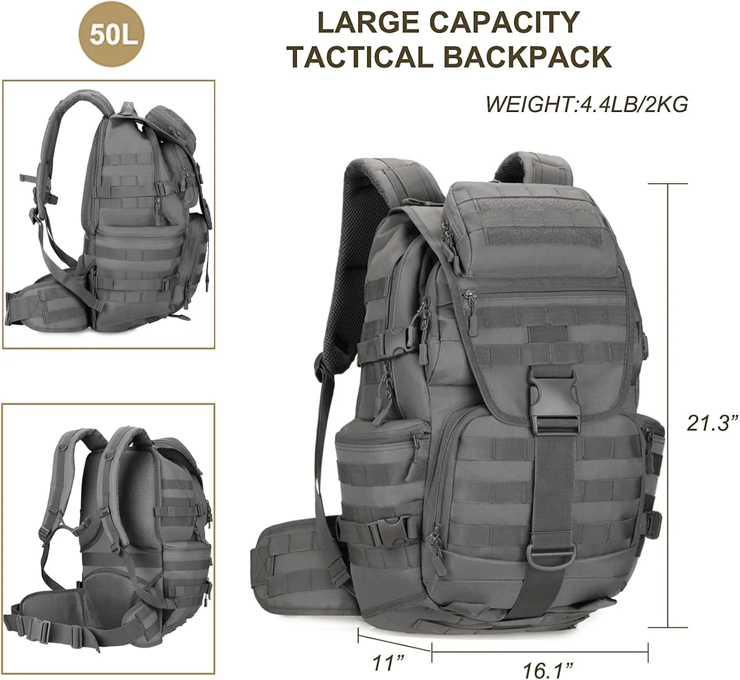 50L Military Tactical Backpack Molle Rucksack Large Army 3 Day Assault Pack Heavy Duty Backpack for Men (Grey)