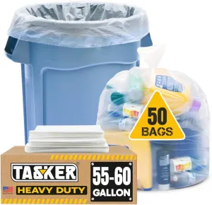 55 Gallon Clear Trash Bags, (50 Bags w/Ties) Large Clear Plastic Recycling Garbage Bags