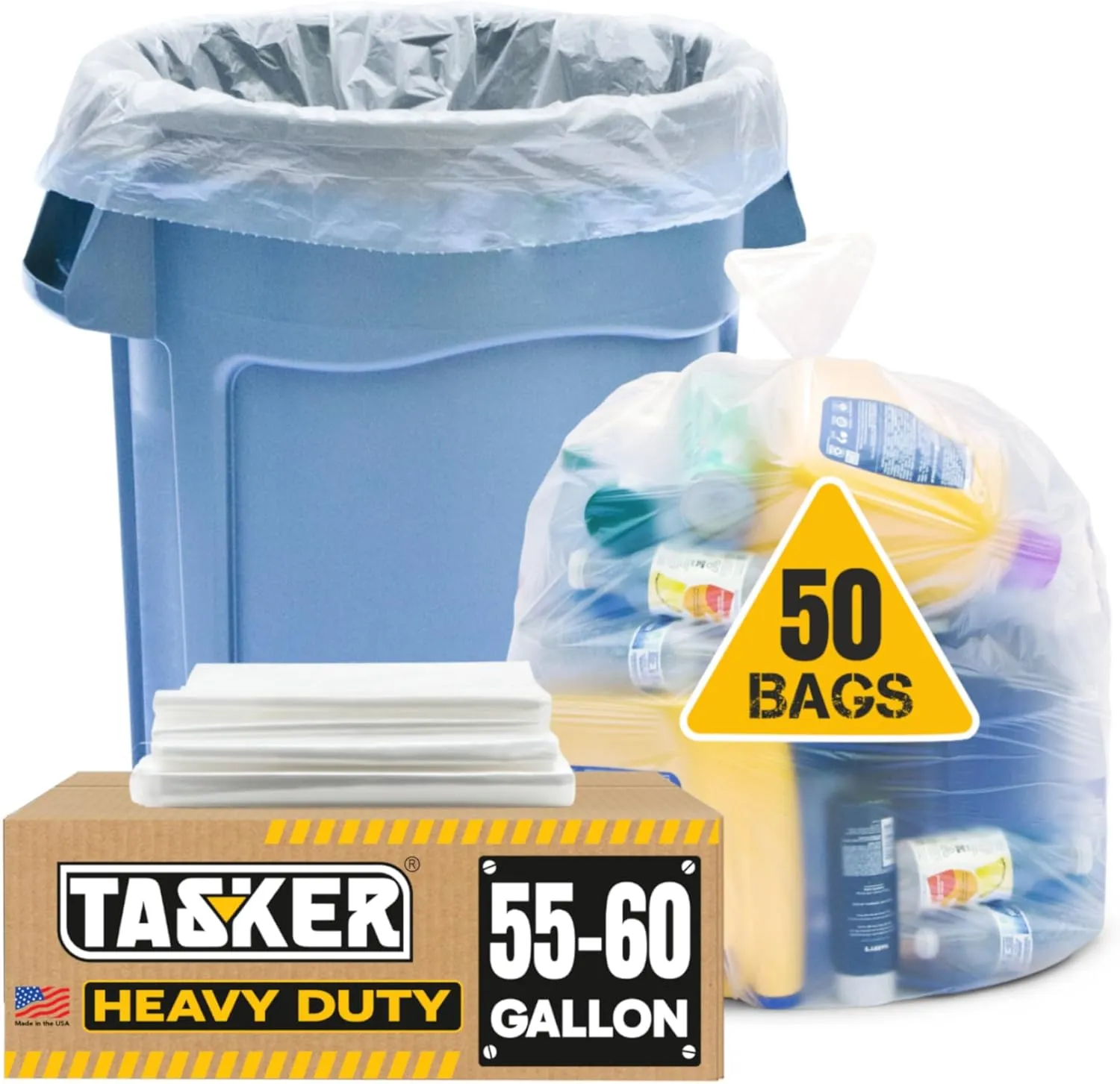 55 Gallon Clear Trash Bags, (50 Bags w/Ties) Large Clear Plastic Recycling Garbage Bags