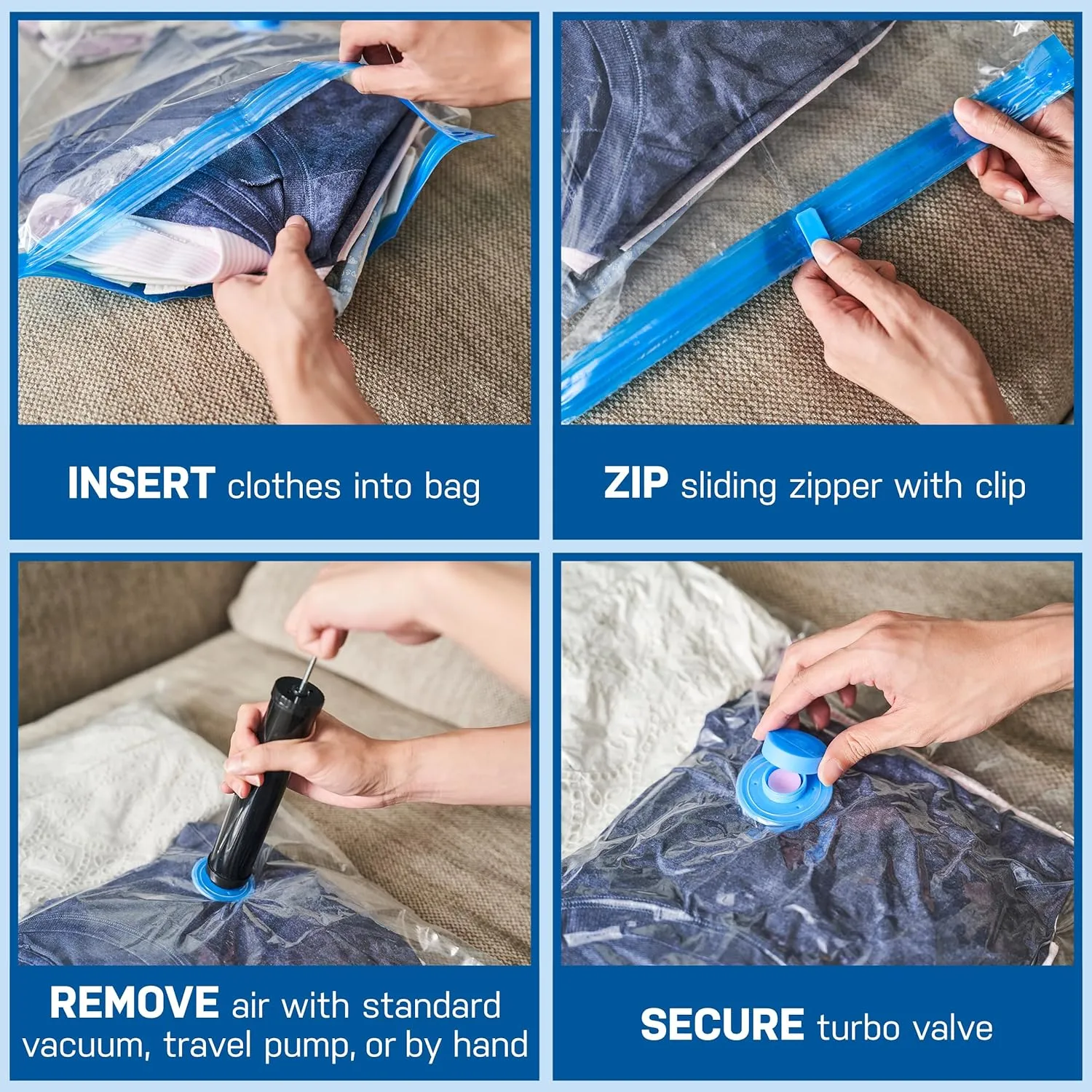 6 Pack Medium Vacuum Storage Bags for Comforters, Blankets & Clothes –Vacuum Sealed Compression Bags with Hand Pump – Space Saver Storage Bags for Bedding, Moving, Travel & Organization
