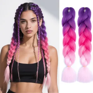 6 Packs Ombre Jumbo Braiding Hair Extensions 24 Inch High Temperature Synthetic Fiber Hair Extensions for Box Braids Braiding Hair (Purple to Red to Pink)