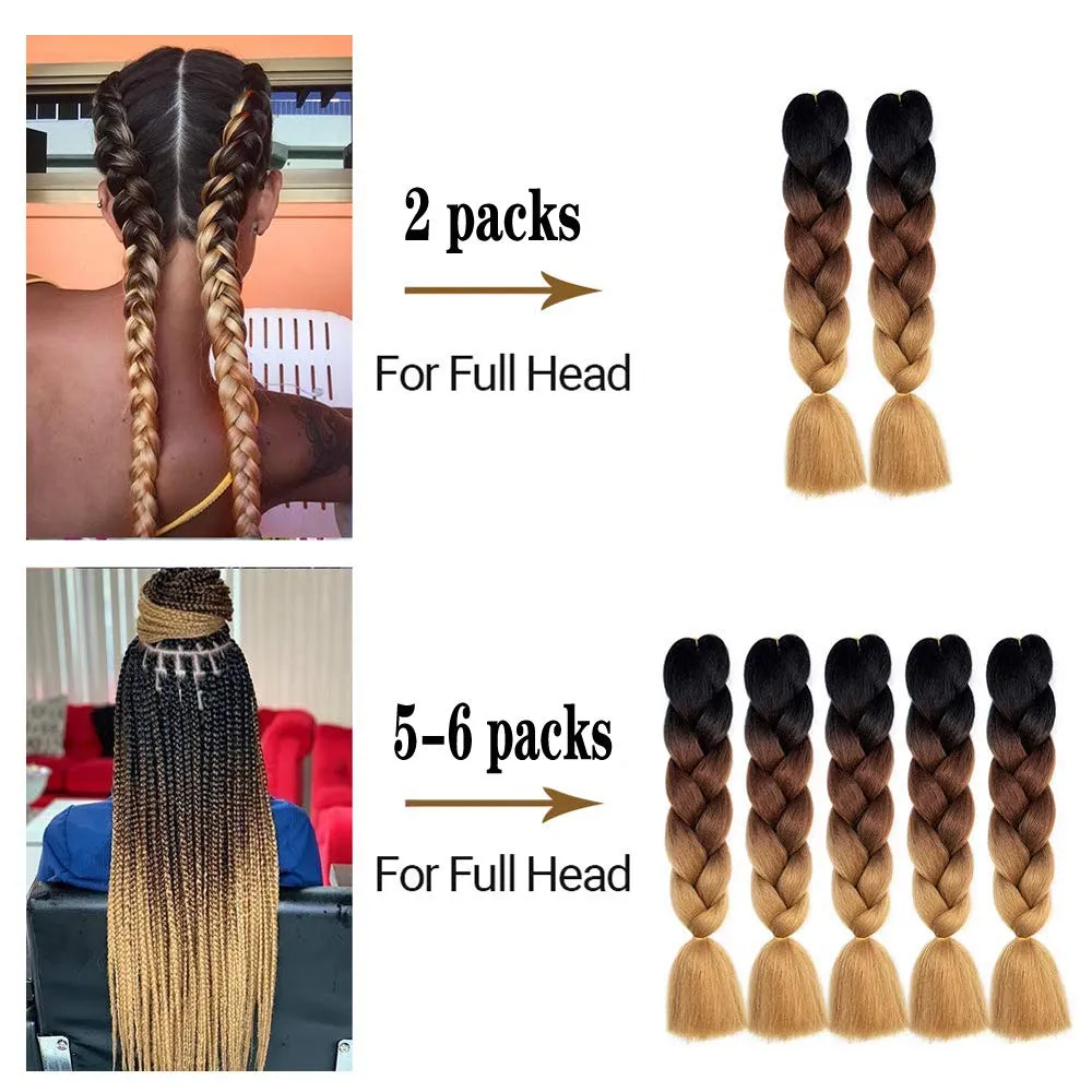 6 Packs Ombre Jumbo Braiding Hair Extensions 24 Inch High Temperature Synthetic Fiber Hair Extensions for Box Braids Braiding Hair (Purple to Red to Pink)