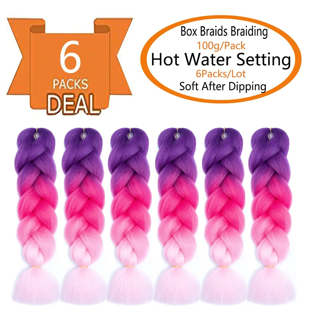 6 Packs Ombre Jumbo Braiding Hair Extensions 24 Inch High Temperature Synthetic Fiber Hair Extensions for Box Braids Braiding Hair (Purple to Red to Pink)