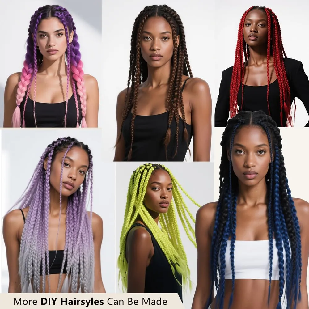 6 Packs Ombre Jumbo Braiding Hair Extensions 24 Inch High Temperature Synthetic Fiber Hair Extensions for Box Braids Braiding Hair (Purple to Red to Pink)