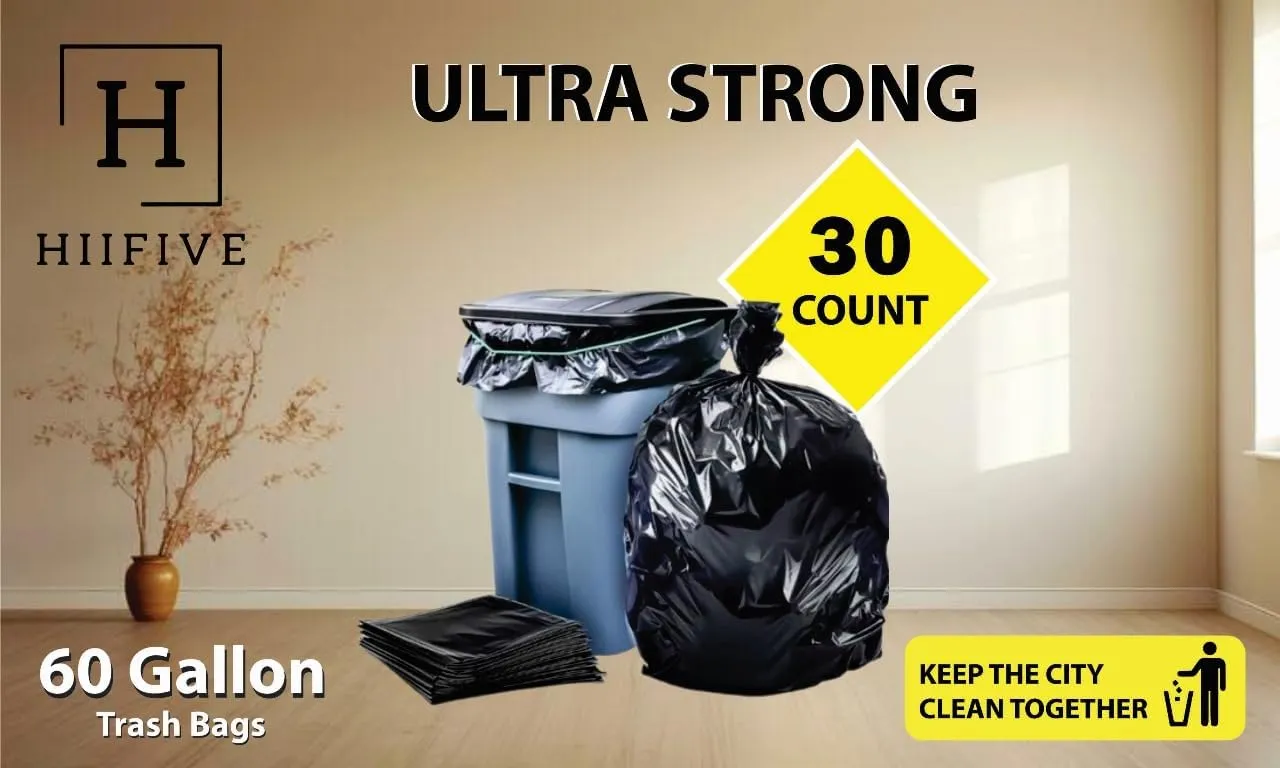 60 Gallon Heavy Duty Trash Bags | 30 Count | 100 x 120 CM | Extra Large Black Garbage Bags | Ultra Strong Contractor Bags