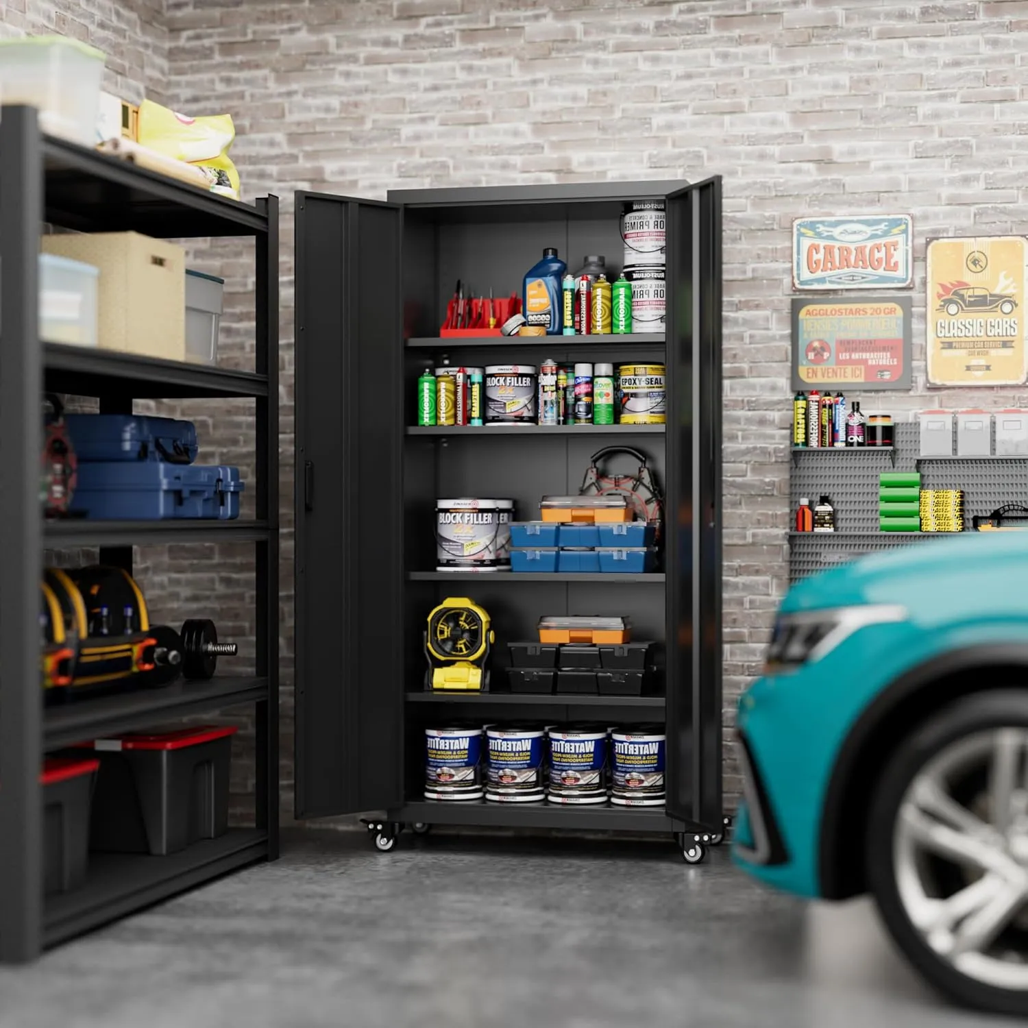 73" H Metal Storage Cabinet with Wheels, Garage Storage Cabinet with 4 Adjustable Shelves and Lockable Doors for Garage Home Office Utility Room,Required Assembly,Black