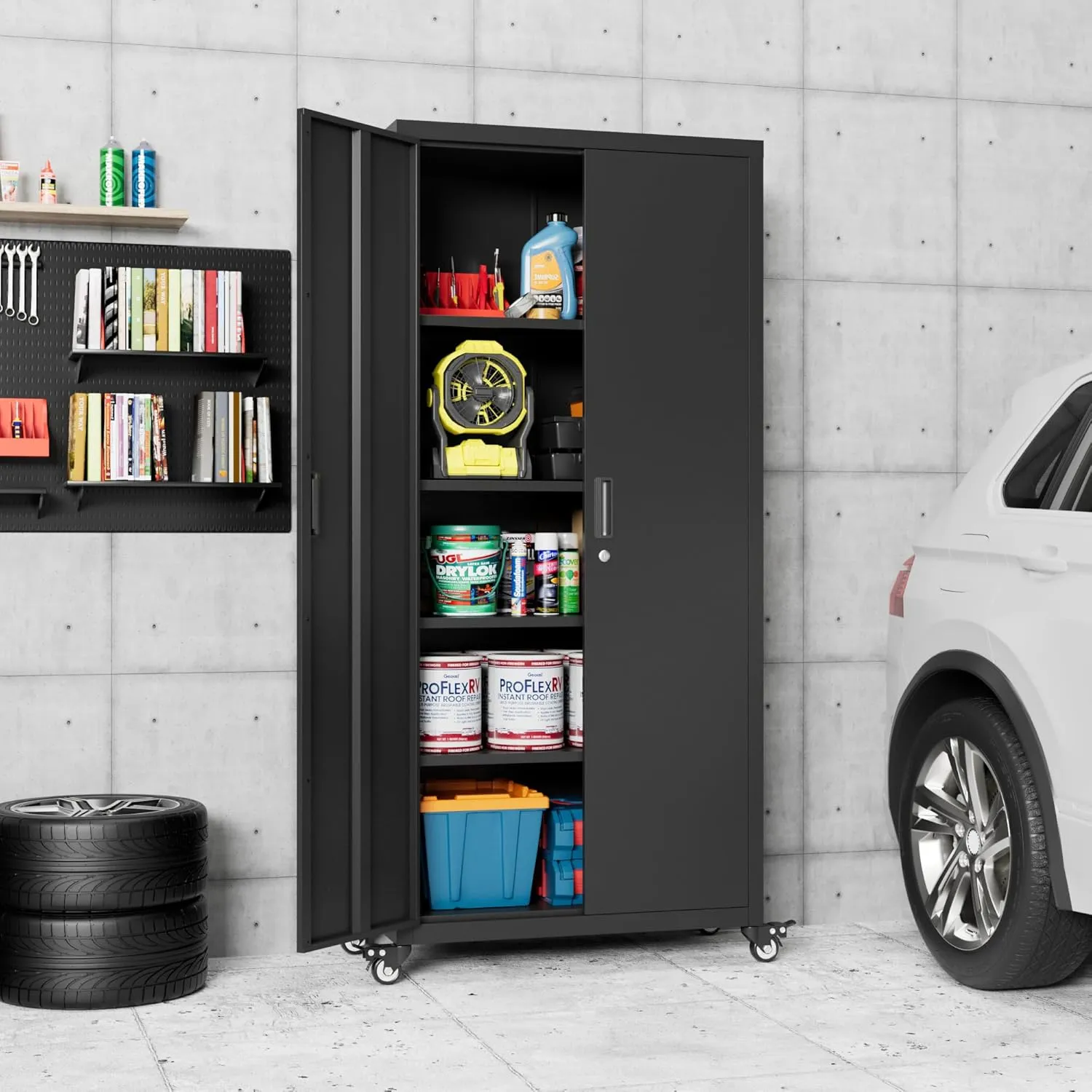 73" H Metal Storage Cabinet with Wheels, Garage Storage Cabinet with 4 Adjustable Shelves and Lockable Doors for Garage Home Office Utility Room,Required Assembly,Black