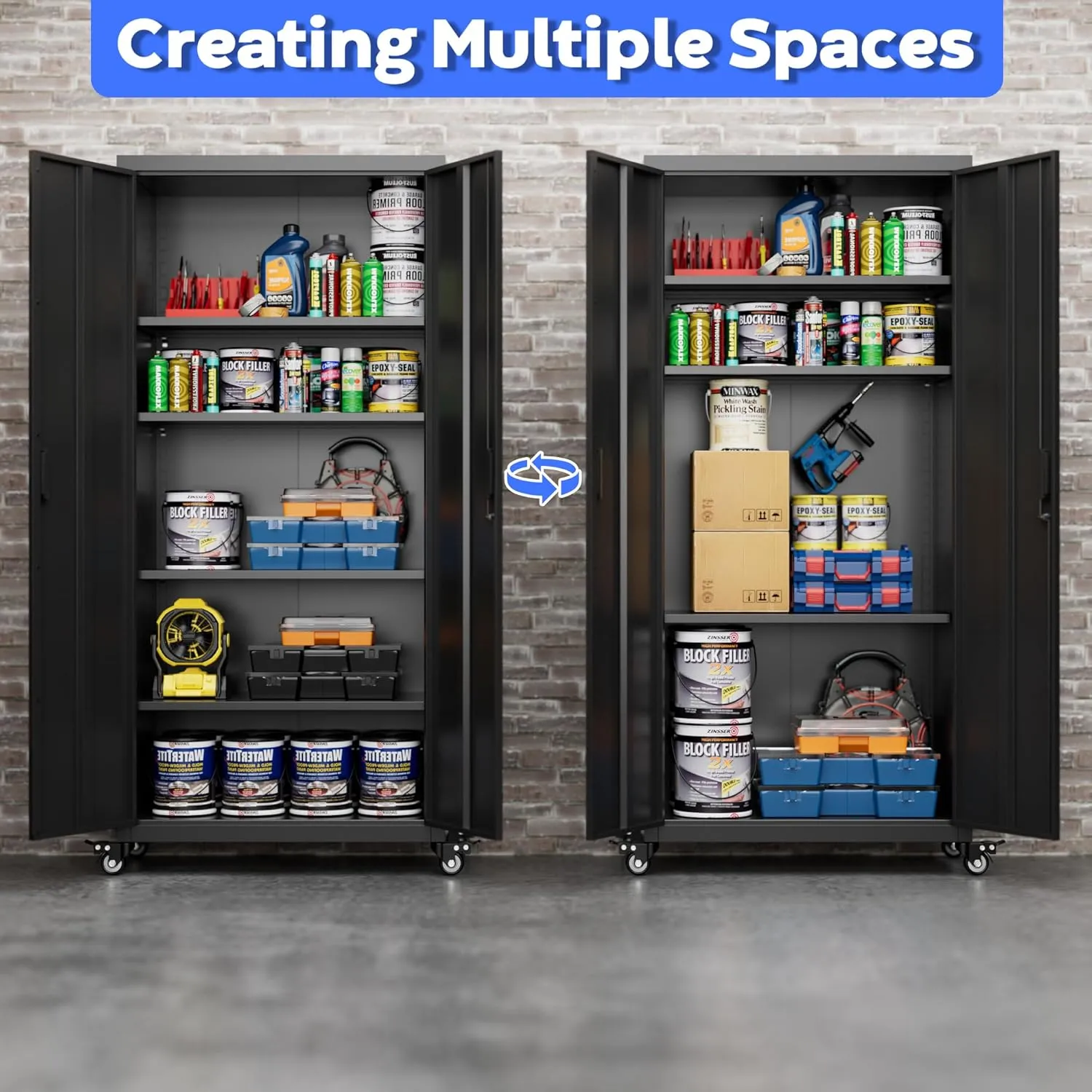 73" H Metal Storage Cabinet with Wheels, Garage Storage Cabinet with 4 Adjustable Shelves and Lockable Doors for Garage Home Office Utility Room,Required Assembly,Black