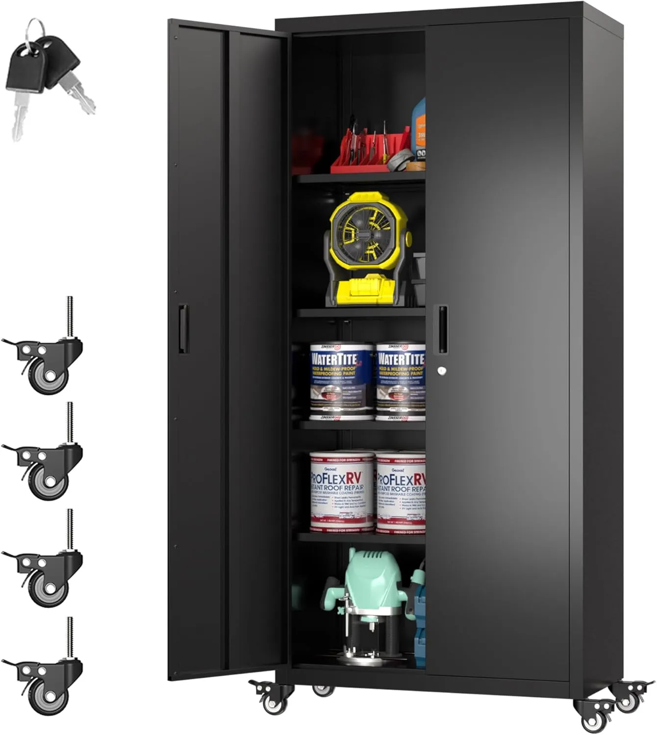 73" H Metal Storage Cabinet with Wheels, Garage Storage Cabinet with 4 Adjustable Shelves and Lockable Doors for Garage Home Office Utility Room,Required Assembly,Black