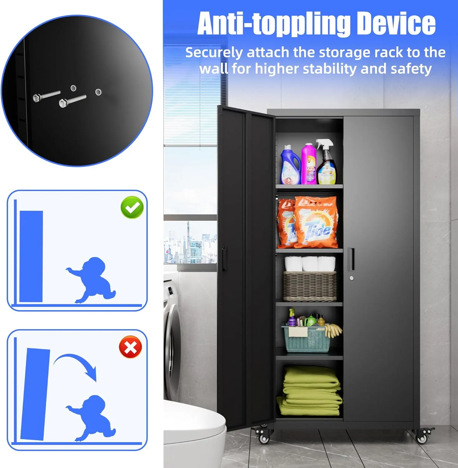 73" H Metal Storage Cabinet with Wheels, Garage Storage Cabinet with 4 Adjustable Shelves and Lockable Doors for Garage Home Office Utility Room,Required Assembly,Black