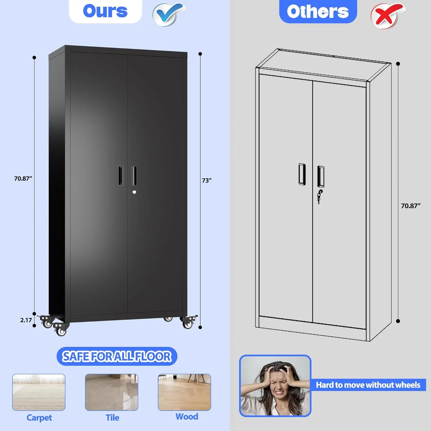 73" H Metal Storage Cabinet with Wheels, Garage Storage Cabinet with 4 Adjustable Shelves and Lockable Doors for Garage Home Office Utility Room,Required Assembly,Black