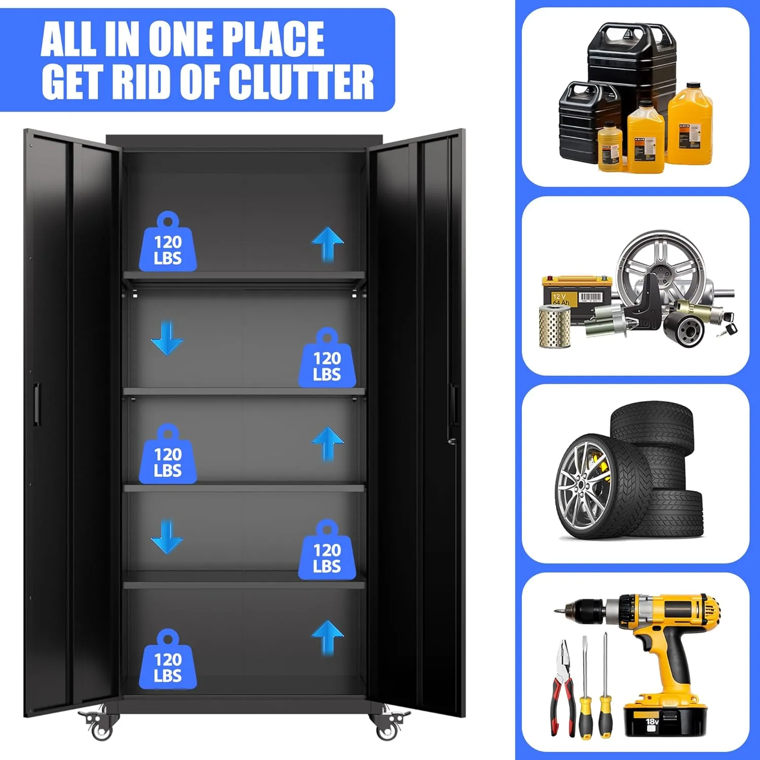 73" H Metal Storage Cabinet with Wheels, Garage Storage Cabinet with 4 Adjustable Shelves and Lockable Doors for Garage Home Office Utility Room,Required Assembly,Black