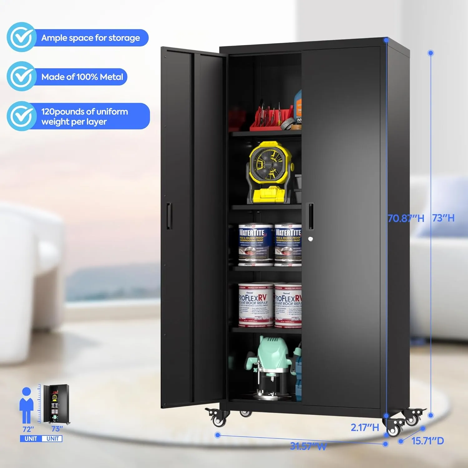 73" H Metal Storage Cabinet with Wheels, Garage Storage Cabinet with 4 Adjustable Shelves and Lockable Doors for Garage Home Office Utility Room,Required Assembly,Black
