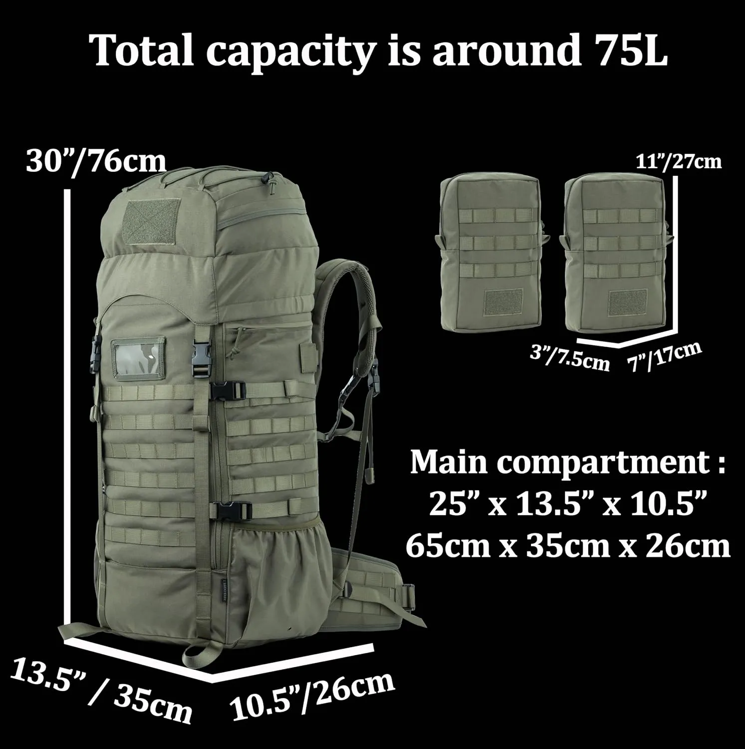 75L Tactical Backpack with Internal Frame, MOLLE, and Hydration System