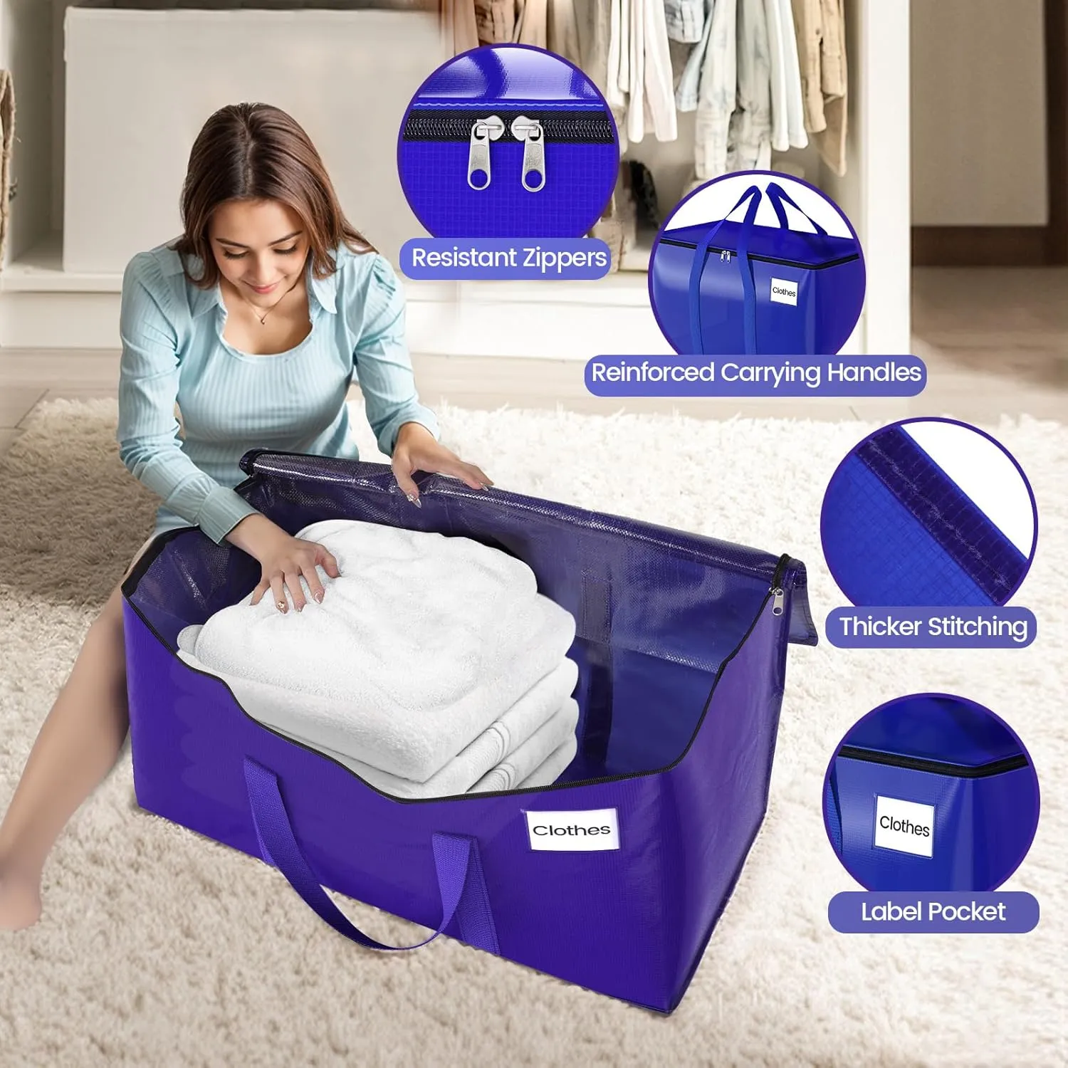 8 Pack Moving Storage Bags Heavy-Duty with Zippers and Reinforced Handles, Moving Supplies Packing Boxes for Moving, Storing, Saving Space, Blue Plastic Storage Totes 76L