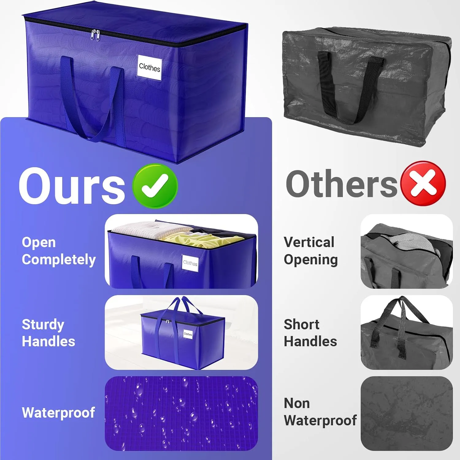 8 Pack Moving Storage Bags Heavy-Duty with Zippers and Reinforced Handles, Moving Supplies Packing Boxes for Moving, Storing, Saving Space, Blue Plastic Storage Totes 76L