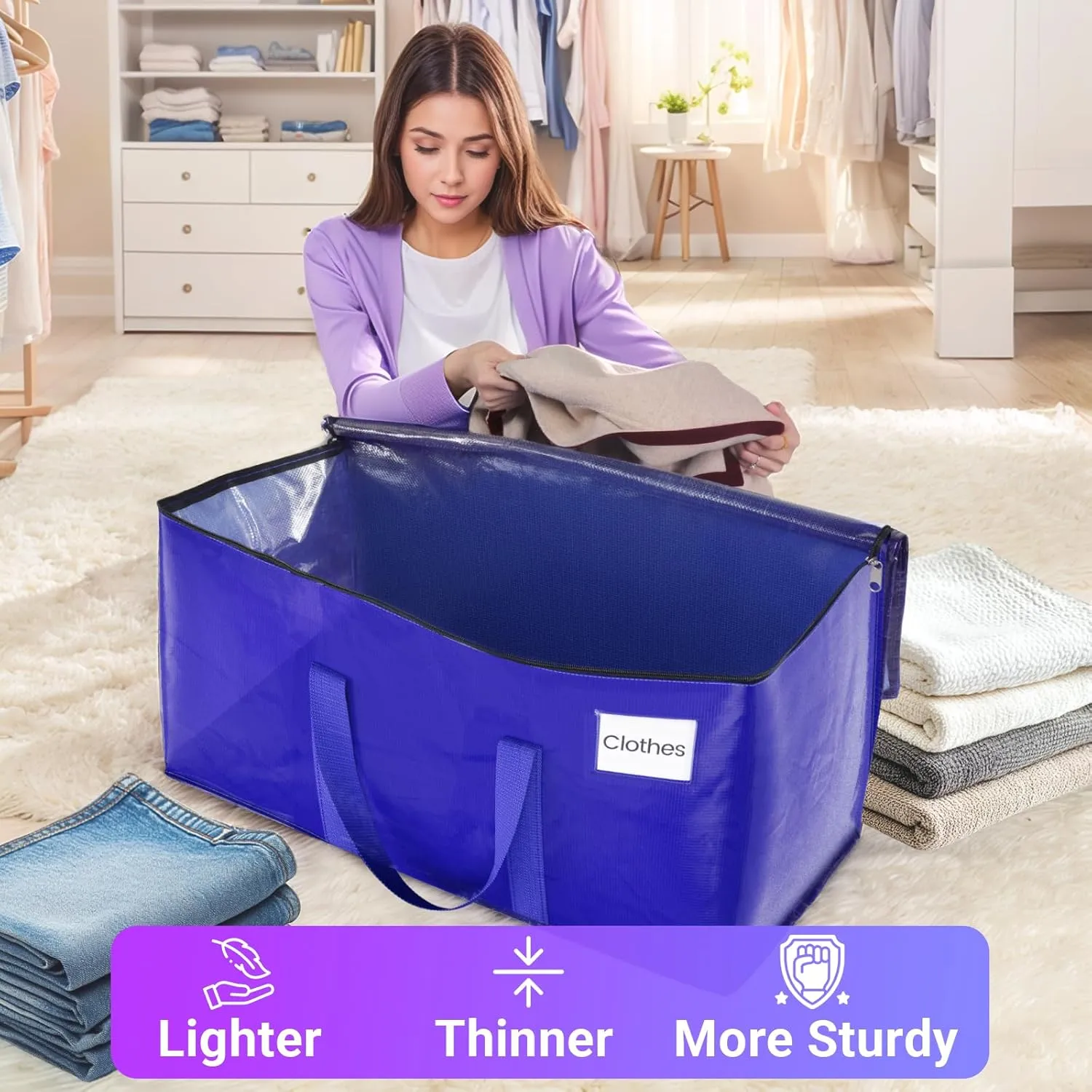 8 Pack Moving Storage Bags Heavy-Duty with Zippers and Reinforced Handles, Moving Supplies Packing Boxes for Moving, Storing, Saving Space, Blue Plastic Storage Totes 76L
