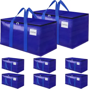 8 Pack Moving Storage Bags Heavy-Duty with Zippers and Reinforced Handles, Moving Supplies Packing Boxes for Moving, Storing, Saving Space, Blue Plastic Storage Totes 76L