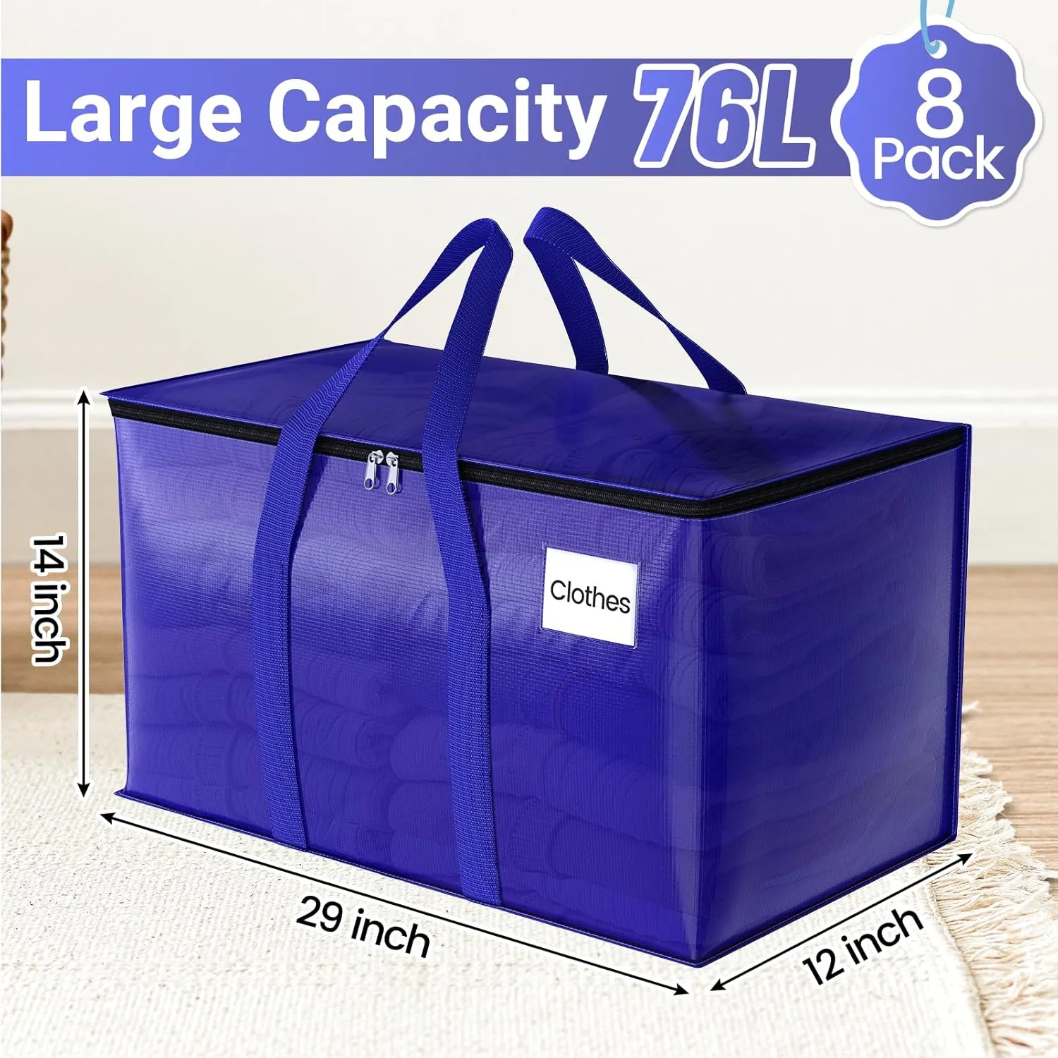 8 Pack Moving Storage Bags Heavy-Duty with Zippers and Reinforced Handles, Moving Supplies Packing Boxes for Moving, Storing, Saving Space, Blue Plastic Storage Totes 76L