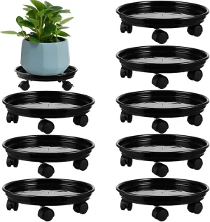 8 Packs Plastic Plant Caddy with Wheels 12” Heavy-Duty Rolling Plant Stand with Wheels Plant Dolly with Casters for Indoor and Outdoor Plant Roller Base Plant Saucer Mover, Black