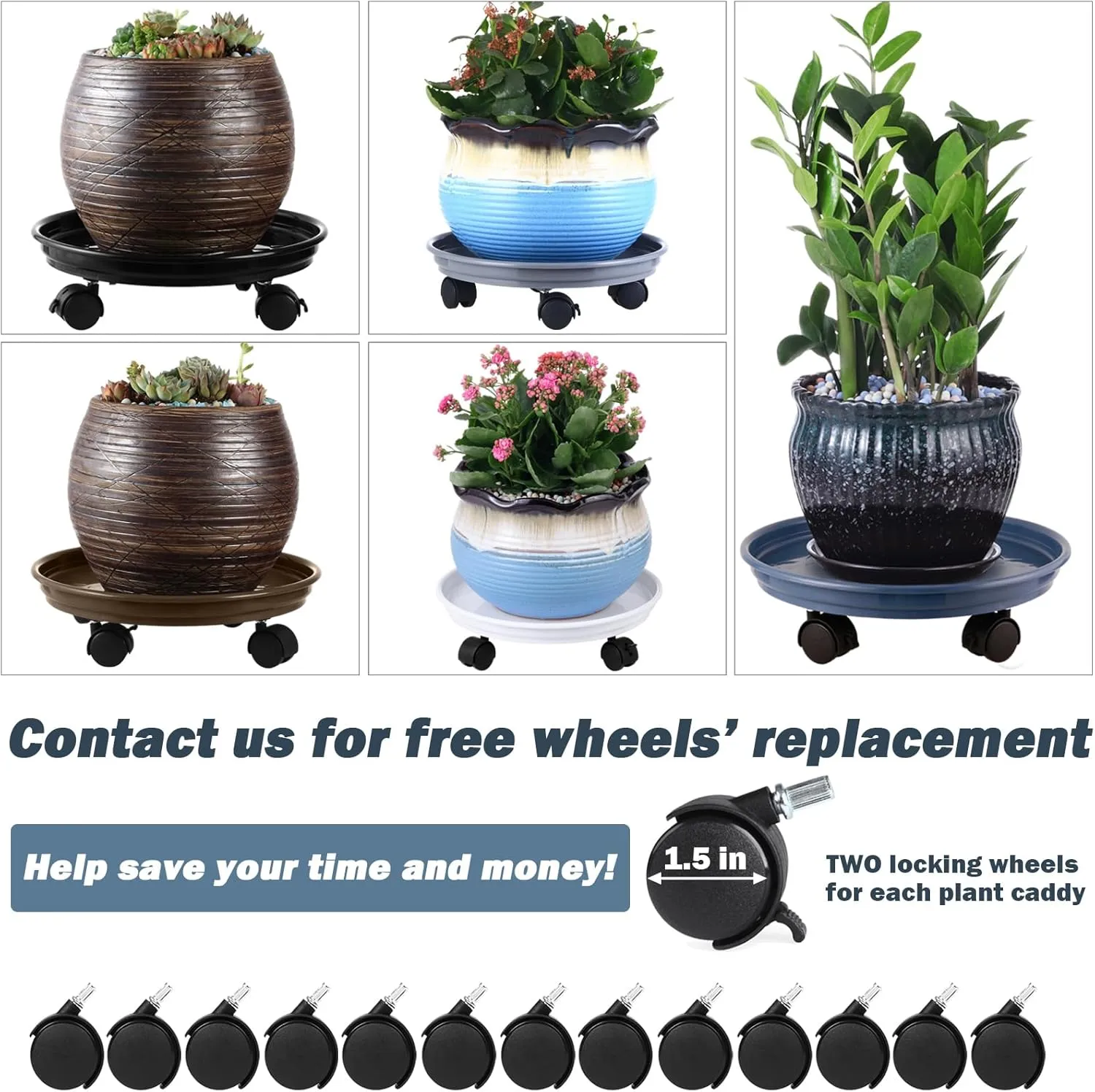 8 Packs Plastic Plant Caddy with Wheels 12” Heavy-Duty Rolling Plant Stand with Wheels Plant Dolly with Casters for Indoor and Outdoor Plant Roller Base Plant Saucer Mover, Black