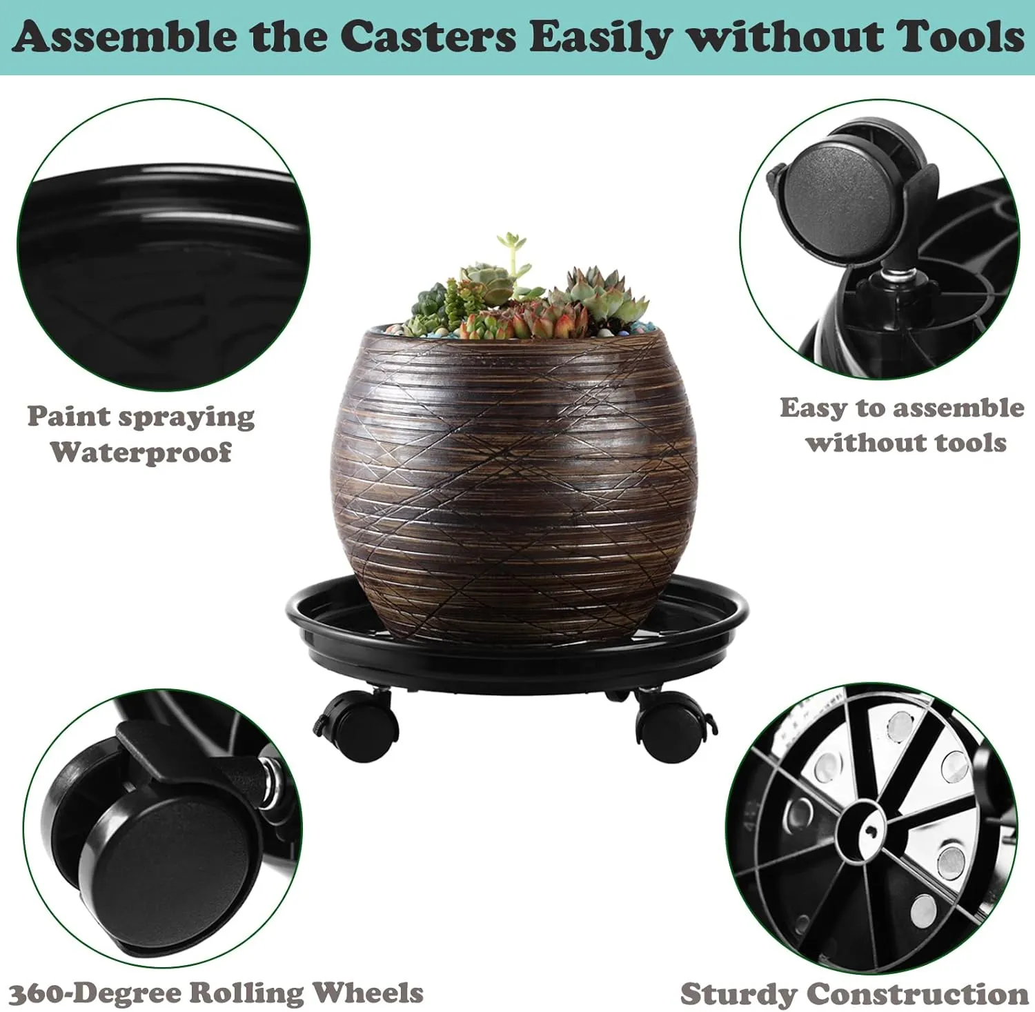8 Packs Plastic Plant Caddy with Wheels 12” Heavy-Duty Rolling Plant Stand with Wheels Plant Dolly with Casters for Indoor and Outdoor Plant Roller Base Plant Saucer Mover, Black