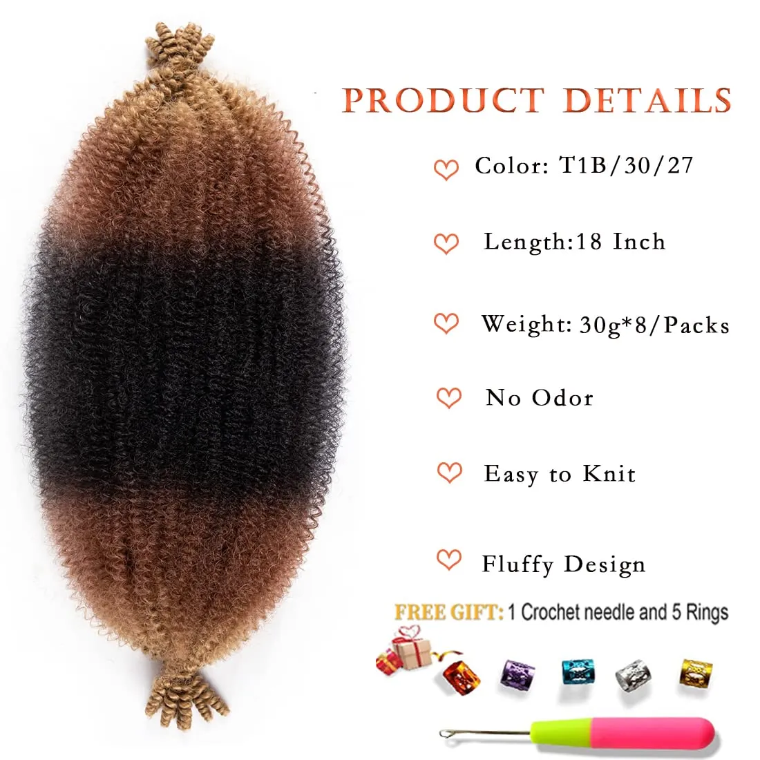 8 Packs Pre-Separated Springy Afro Twist Hair 18 Inch 1B/30/27 Marley Hair Pre-Fluffy Natural Curls are Perfect for Marley Crochet Hair Suitable for Black Women (1B/30/27, 18 Inch)