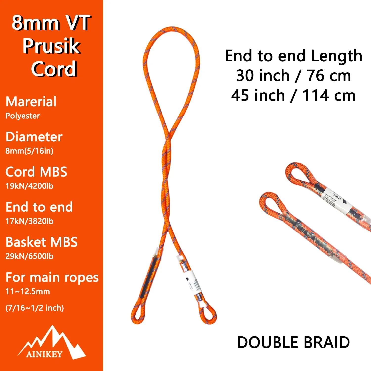8mm (5/16") Prusik Swen Eye-to-Eye Pre-Sewn 30 inch / 45 inch Climbing Utility Cord Multipurpose for Outdoor Climbing Arborist Mountaineering Rope Orange | 30 inch | Pack of 3
