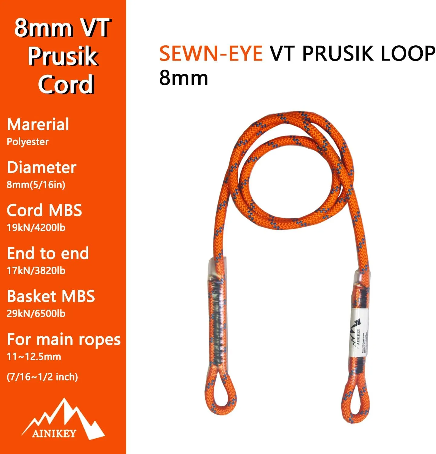 8mm (5/16") Prusik Swen Eye-to-Eye Pre-Sewn 30 inch / 45 inch Climbing Utility Cord Multipurpose for Outdoor Climbing Arborist Mountaineering Rope Orange | 30 inch | Pack of 3