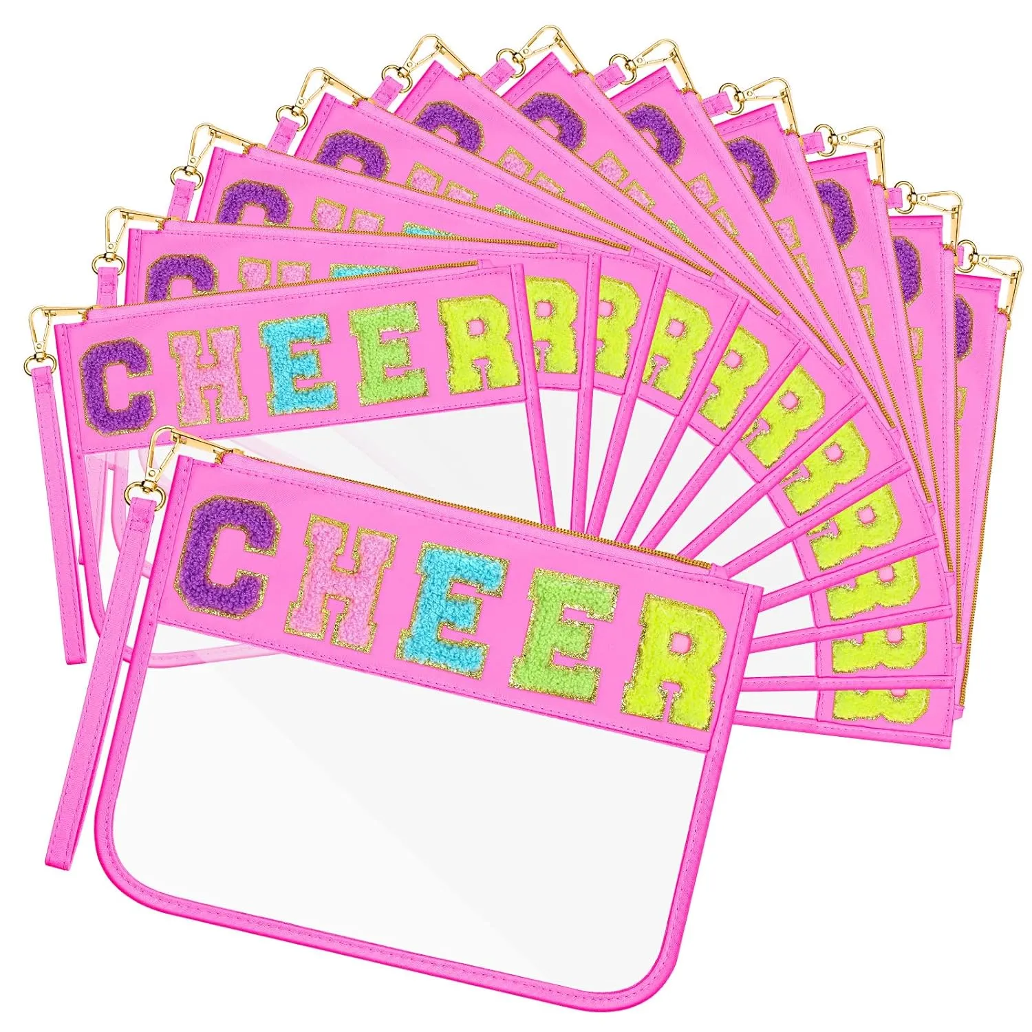 Abbylike 12 Pcs Snack Bags Clear Chenille Letter Cheer Zipper Pouch Waterproof PVC Large Travel Makeup Cosmetic Storage Organizer Bag for Mom Team Cheerleaders Teacher (Pink)