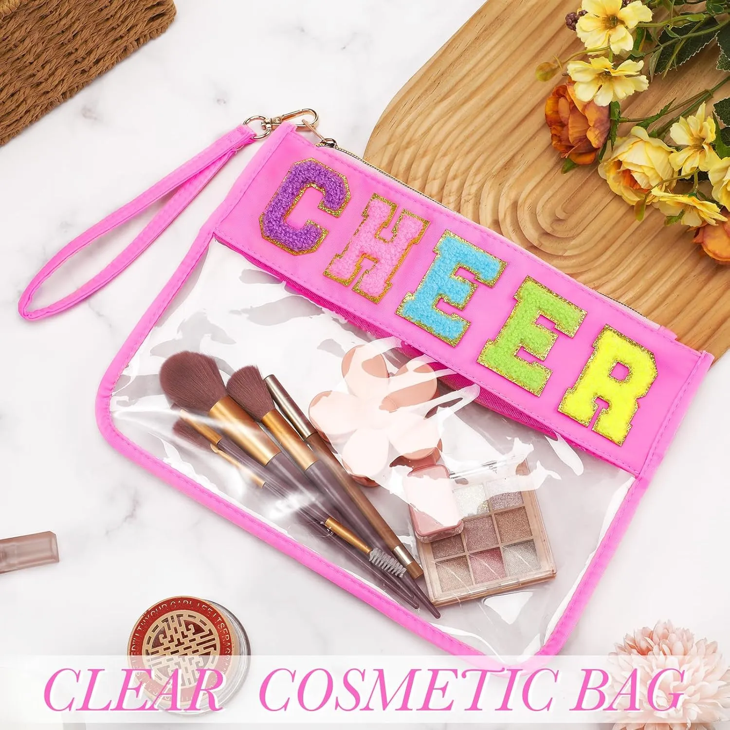 Abbylike 12 Pcs Snack Bags Clear Chenille Letter Cheer Zipper Pouch Waterproof PVC Large Travel Makeup Cosmetic Storage Organizer Bag for Mom Team Cheerleaders Teacher (Pink)