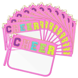 Abbylike 12 Pcs Snack Bags Clear Chenille Letter Cheer Zipper Pouch Waterproof PVC Large Travel Makeup Cosmetic Storage Organizer Bag for Mom Team Cheerleaders Teacher (Pink)