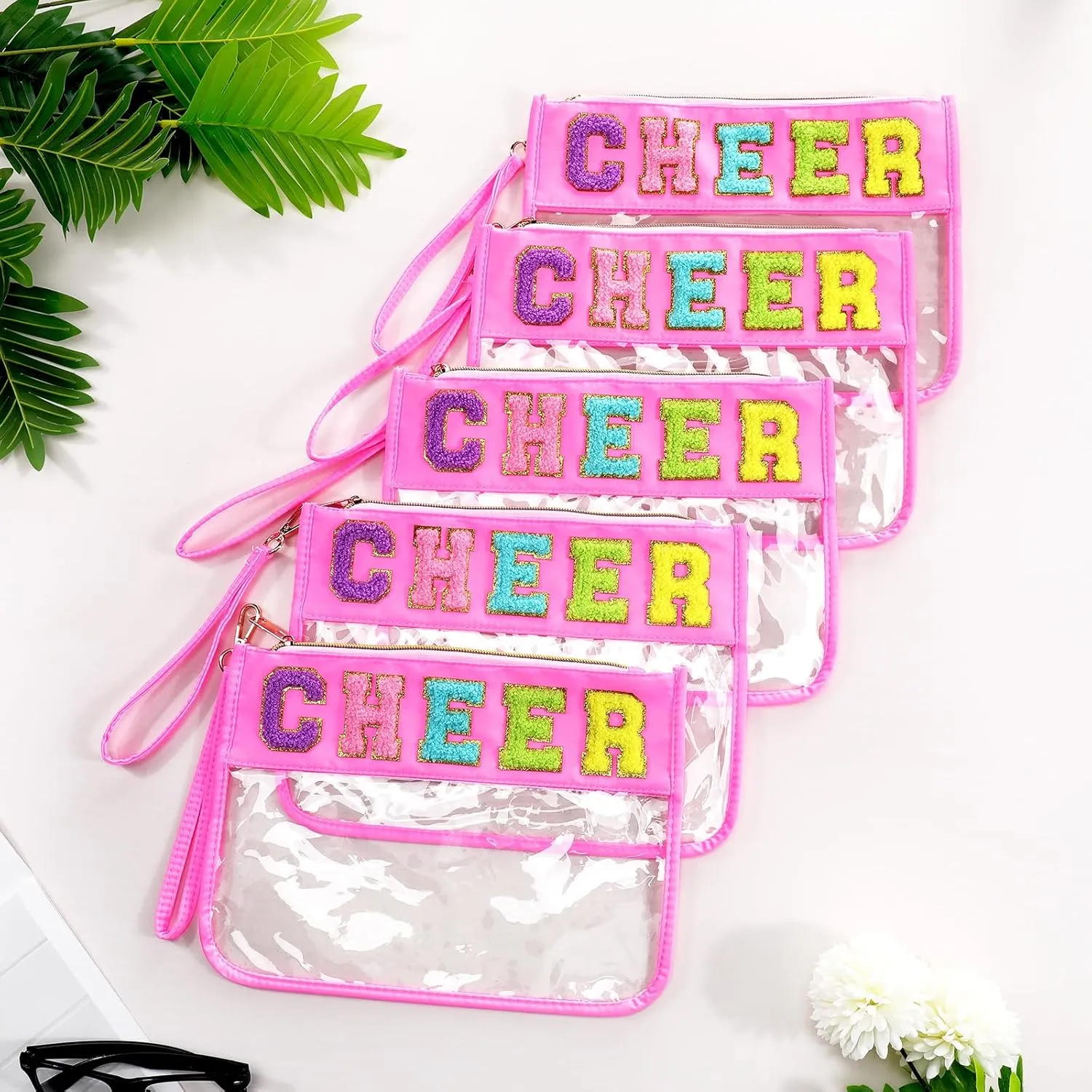 Abbylike 12 Pcs Snack Bags Clear Chenille Letter Cheer Zipper Pouch Waterproof PVC Large Travel Makeup Cosmetic Storage Organizer Bag for Mom Team Cheerleaders Teacher (Pink)