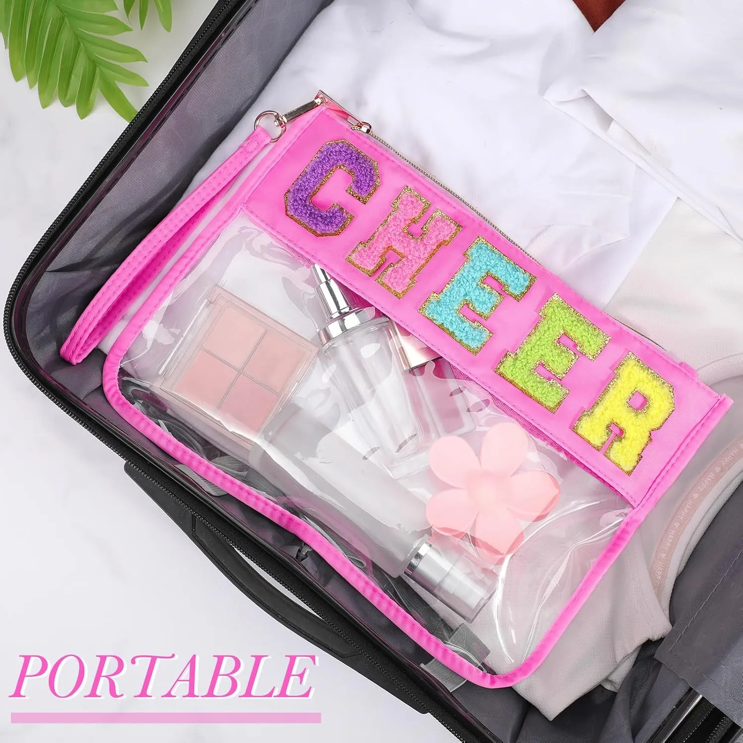 Abbylike 12 Pcs Snack Bags Clear Chenille Letter Cheer Zipper Pouch Waterproof PVC Large Travel Makeup Cosmetic Storage Organizer Bag for Mom Team Cheerleaders Teacher (Pink)