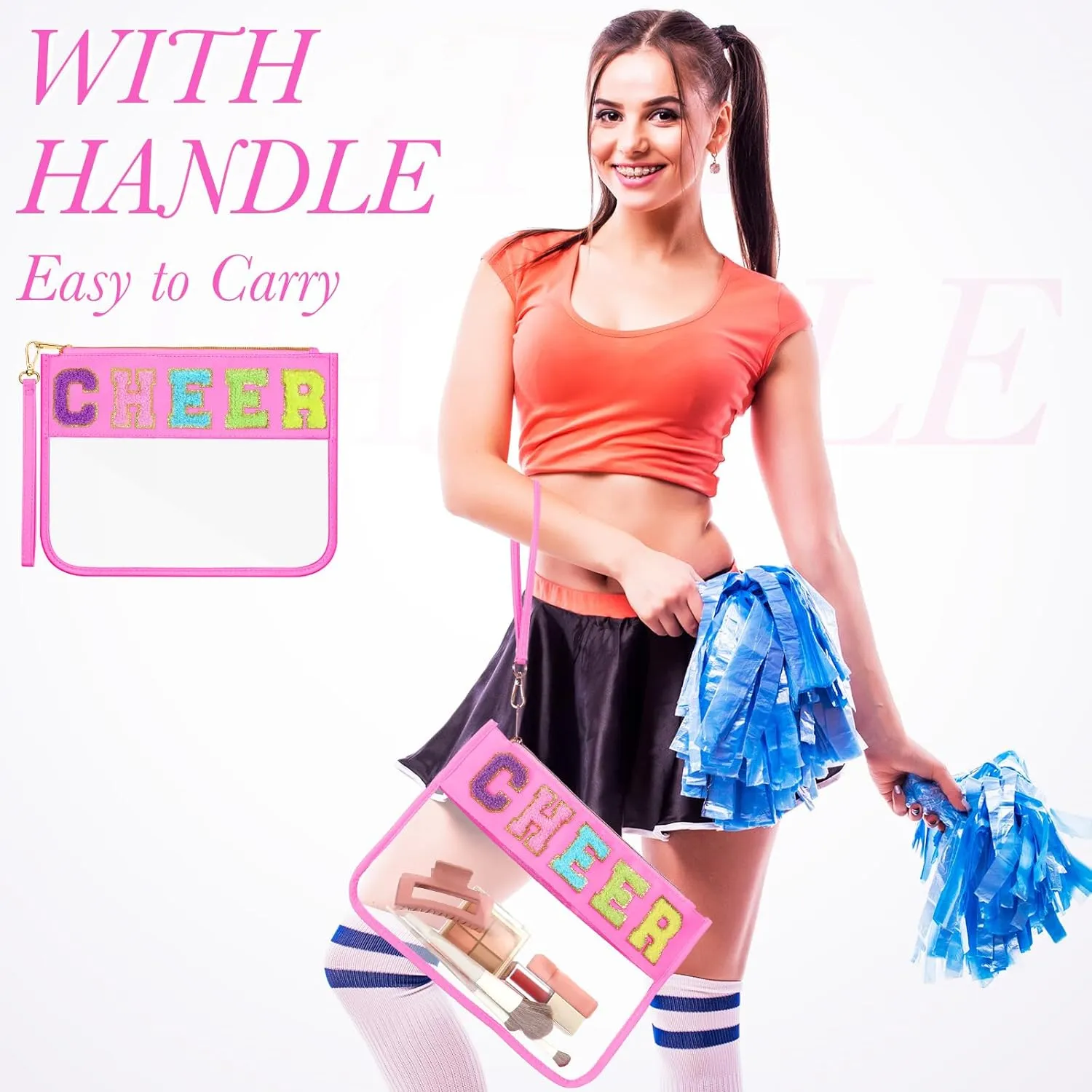 Abbylike 12 Pcs Snack Bags Clear Chenille Letter Cheer Zipper Pouch Waterproof PVC Large Travel Makeup Cosmetic Storage Organizer Bag for Mom Team Cheerleaders Teacher (Pink)
