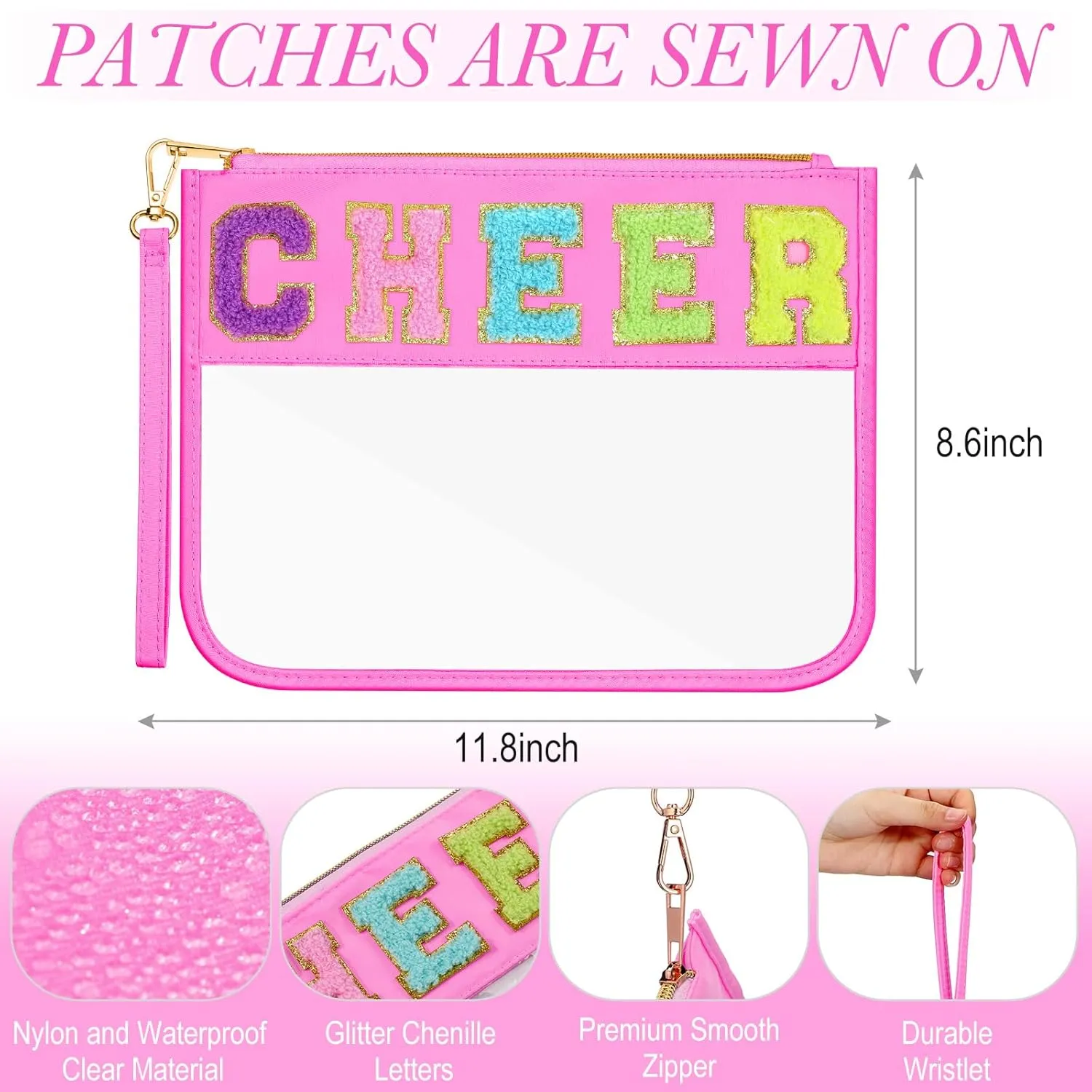 Abbylike 12 Pcs Snack Bags Clear Chenille Letter Cheer Zipper Pouch Waterproof PVC Large Travel Makeup Cosmetic Storage Organizer Bag for Mom Team Cheerleaders Teacher (Pink)