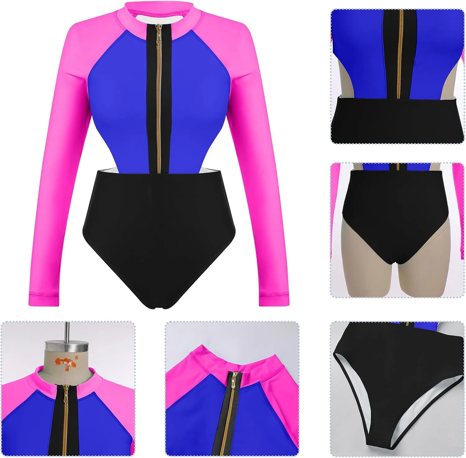 ABOCIW Women's One Piece Long Sleeve Swimsuit Rash Guard Color Block Cutout Zip Front Bathing Suits Monokini Swimwear