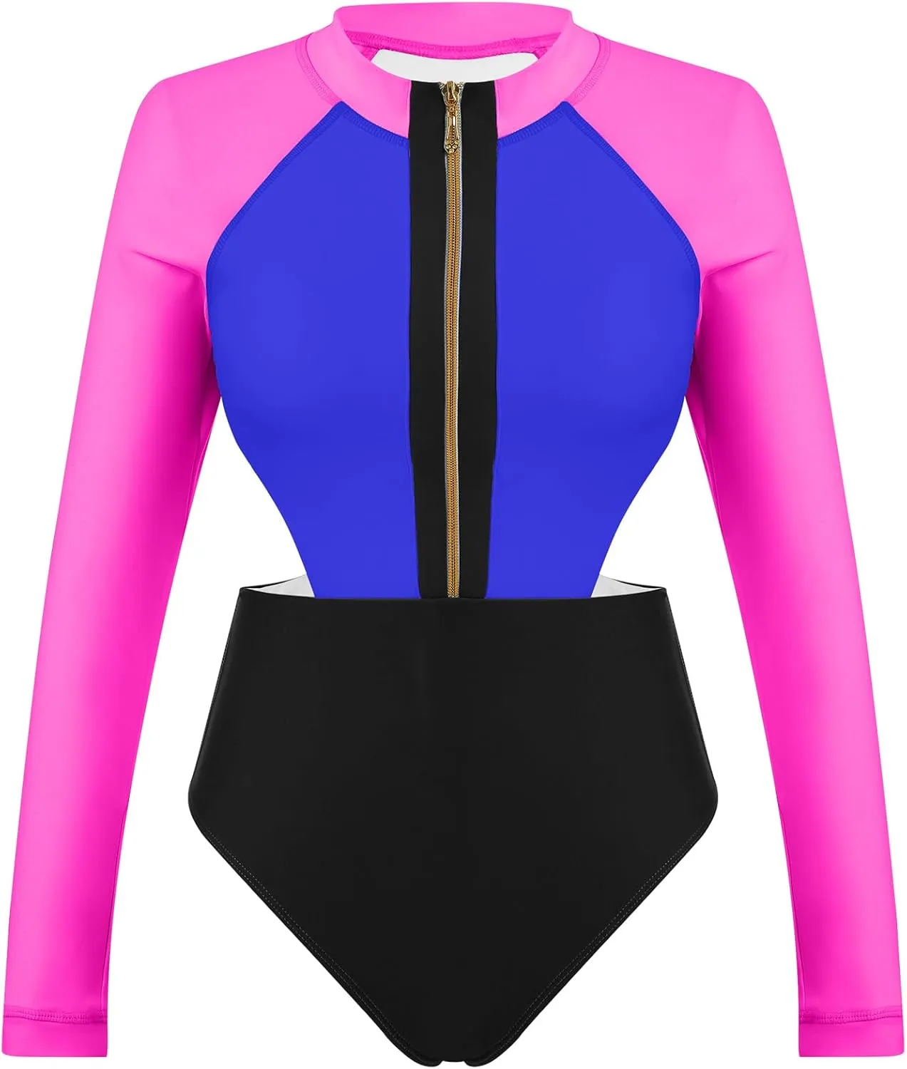 ABOCIW Women's One Piece Long Sleeve Swimsuit Rash Guard Color Block Cutout Zip Front Bathing Suits Monokini Swimwear
