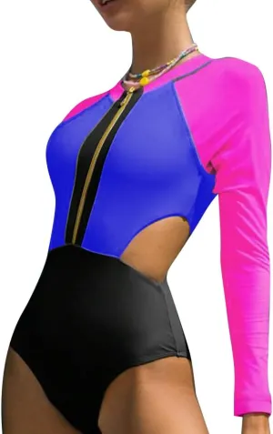 ABOCIW Women's One Piece Long Sleeve Swimsuit Rash Guard Color Block Cutout Zip Front Bathing Suits Monokini Swimwear