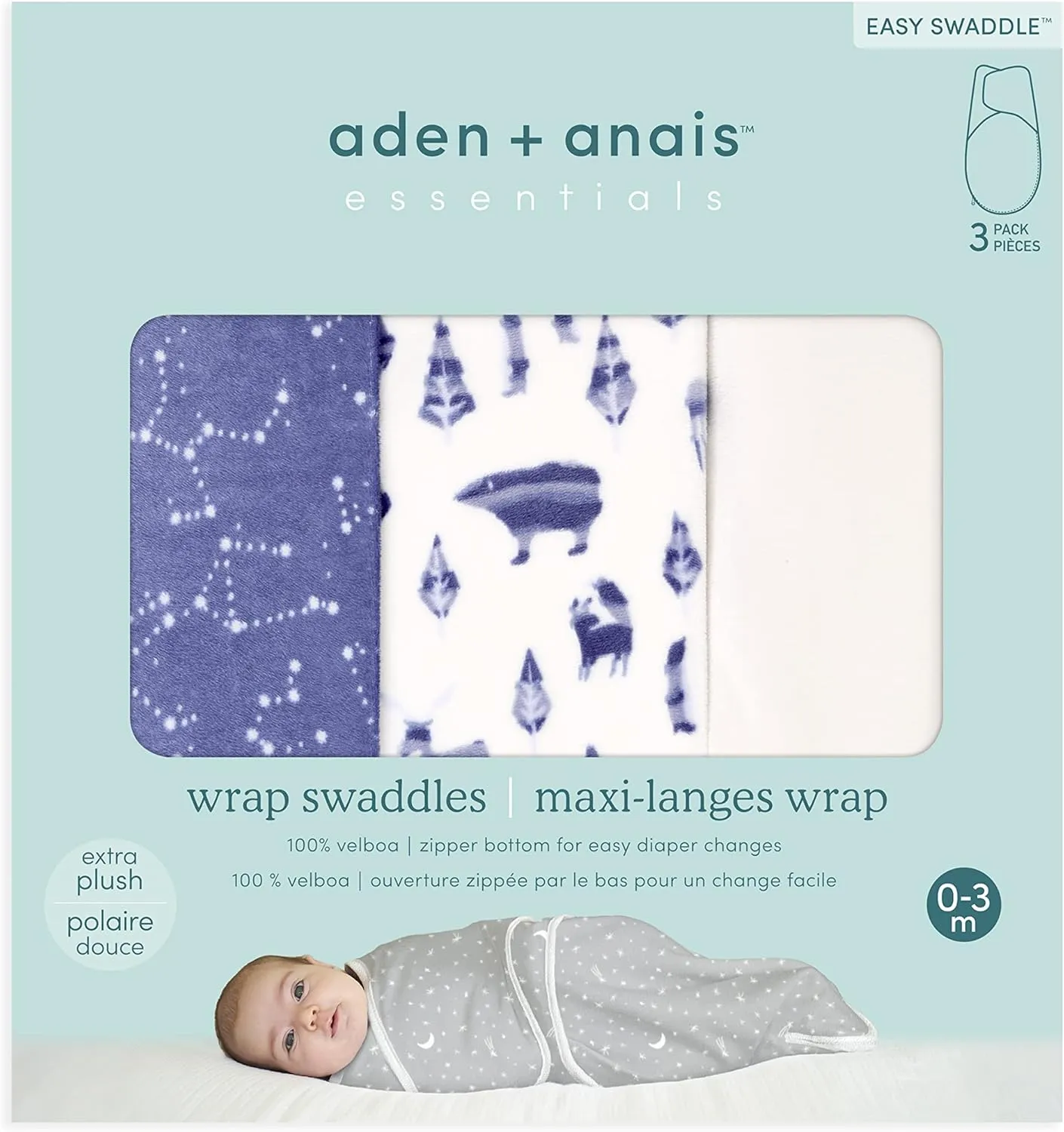 aden   anais Essentials Velboa Wrap 3 Pack, Zipper Bottom for Quick Diaper Change, Newborn Cozy Swaddle Blanket for Safer Sleep, Adjustable, Hip Healthy, TOG 1.5, Blue Scandinavian Sky, 0-3 Months