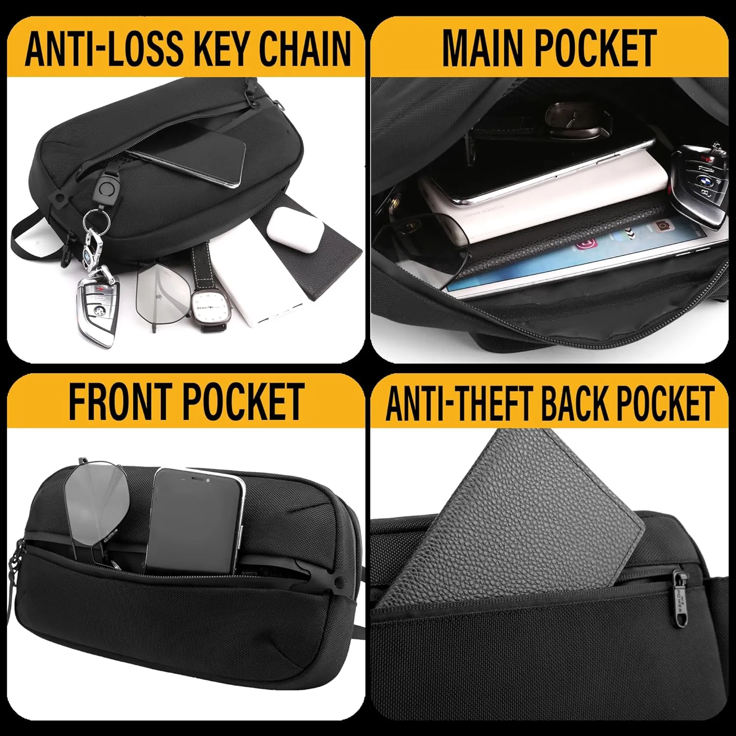 Adjustable Sling Bag for Men Women with Anti-theft Zipper,Multipurpose Crossbody Bags Chest Waist Belt,Water Resistant Fanny Pack Shoulder Hip Pack for Travel,Cycling,Work, Sport,Black