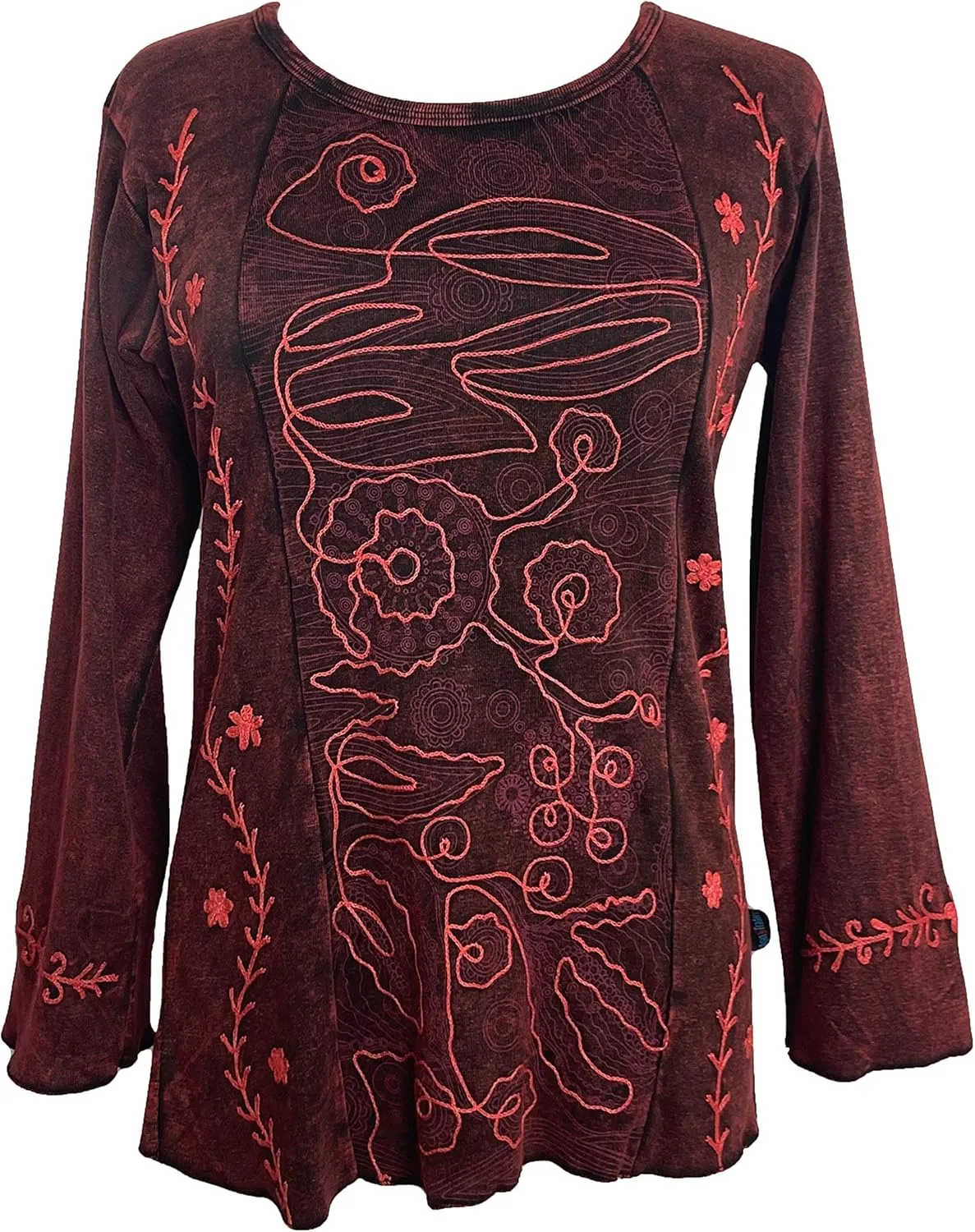 Agan Traders 2025 Spring Boho Knit Cotton Stonewashed Embroidered Tops - Tie-dye Long Sleeve Women's Blouses Sweatshirts