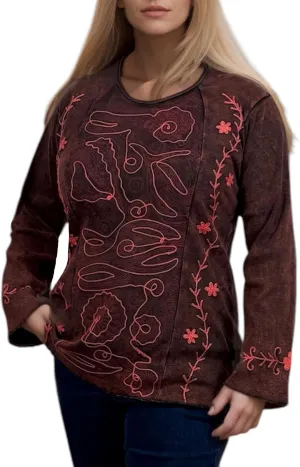Agan Traders 2025 Spring Boho Knit Cotton Stonewashed Embroidered Tops - Tie-dye Long Sleeve Women's Blouses Sweatshirts