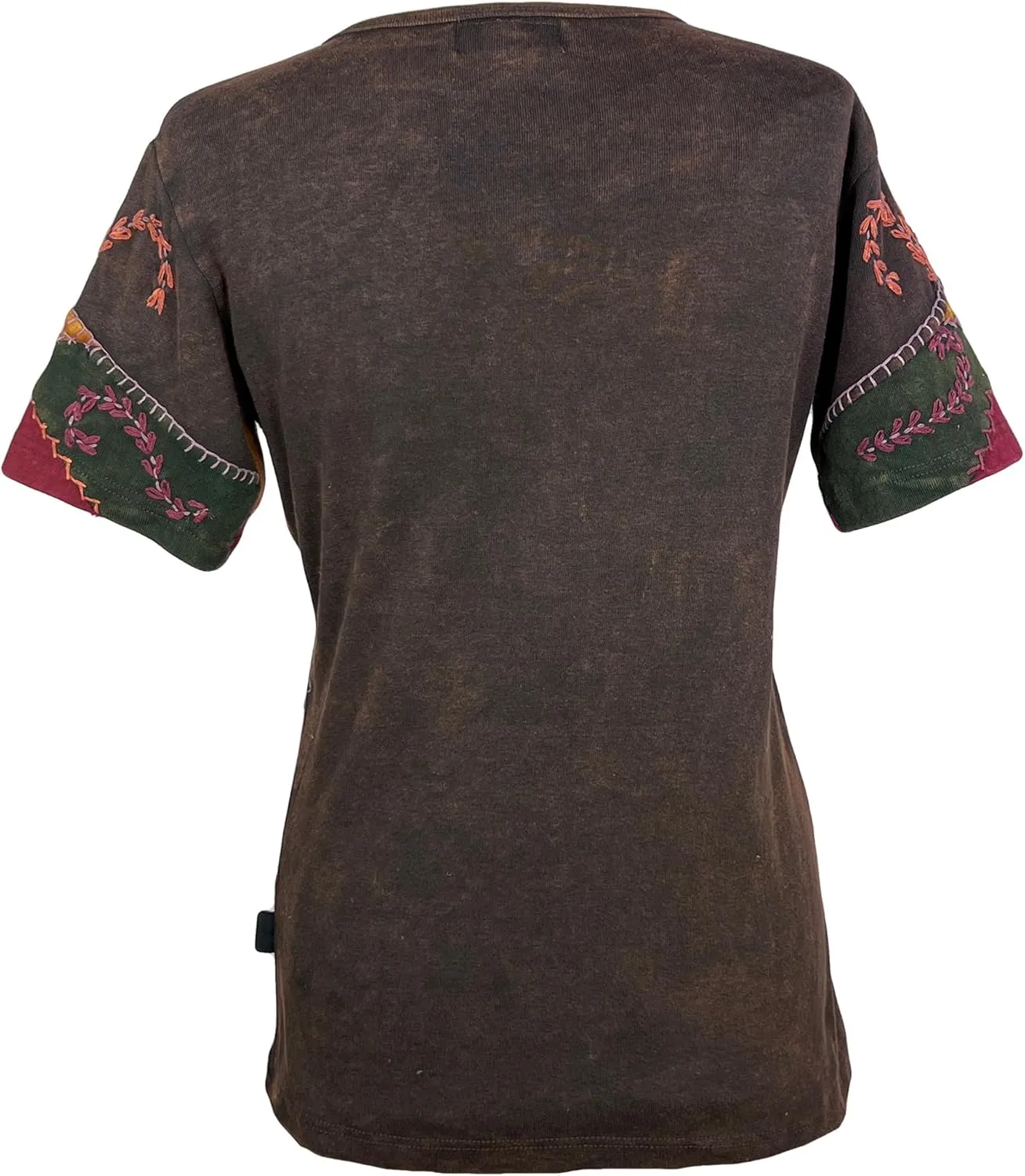 Agan Traders 2025 Spring Stonewashed Rib Knit Cotton Bohemian Blouses for Women - Patch Short Sleeve Embroidered T-Shirt