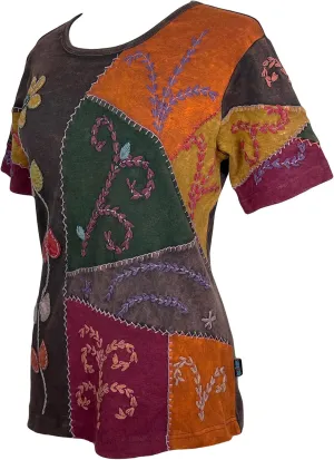 Agan Traders 2025 Spring Stonewashed Rib Knit Cotton Bohemian Blouses for Women - Patch Short Sleeve Embroidered T-Shirt